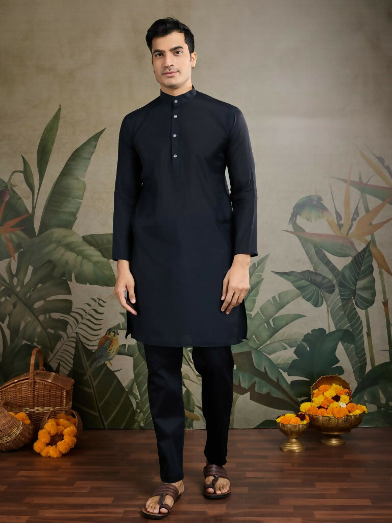 Vastranavya Black Exclusive Festival Viscose Silk Thread & Swarovski Embroidered Work Mens Wear Kurta & Koti