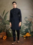 Vastranavya Black Exclusive Festival Viscose Silk Thread & Swarovski Embroidered Work Mens Wear Kurta & Koti