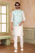Raivat Ethnic Jacquard Banarasi Silk Woven Work 3 Pics Jacket Set In Pista Green Colour - Distacart