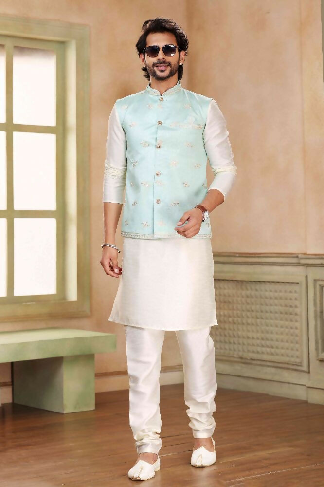 Raivat Ethnic Jacquard Banarasi Silk Woven Work 3 Pics Jacket Set In Pista Green Colour - Distacart