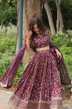 Lorenvalley Wine Pure Viscose Jacquard with Golden Embroidered Sequins work Lehenga Choli