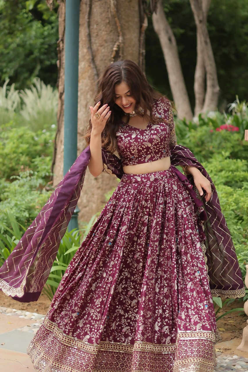 Lorenvalley Wine Pure Viscose Jacquard with Golden Embroidered Sequins work Lehenga Choli