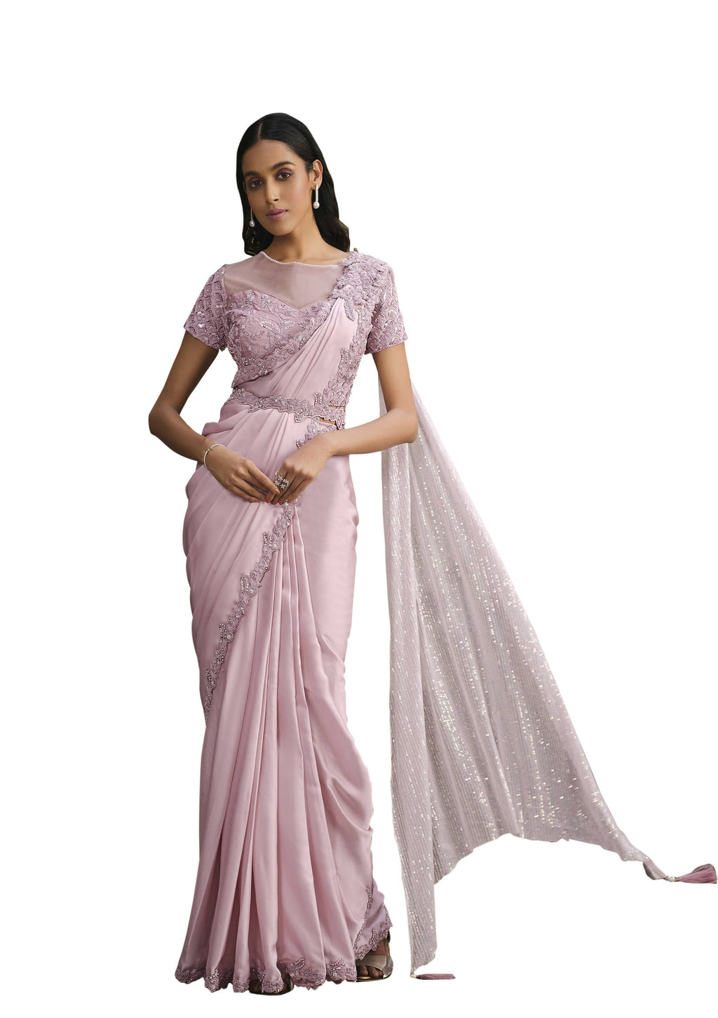 Pink Crepe Georgette Silk Sequence Embroidered With Stone Work Saree With Stitched Blouse - Mohmanthan La Belle