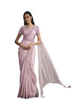 Pink Crepe Georgette Silk Sequence Embroidered With Stone Work Saree With Stitched Blouse - Mohmanthan La Belle