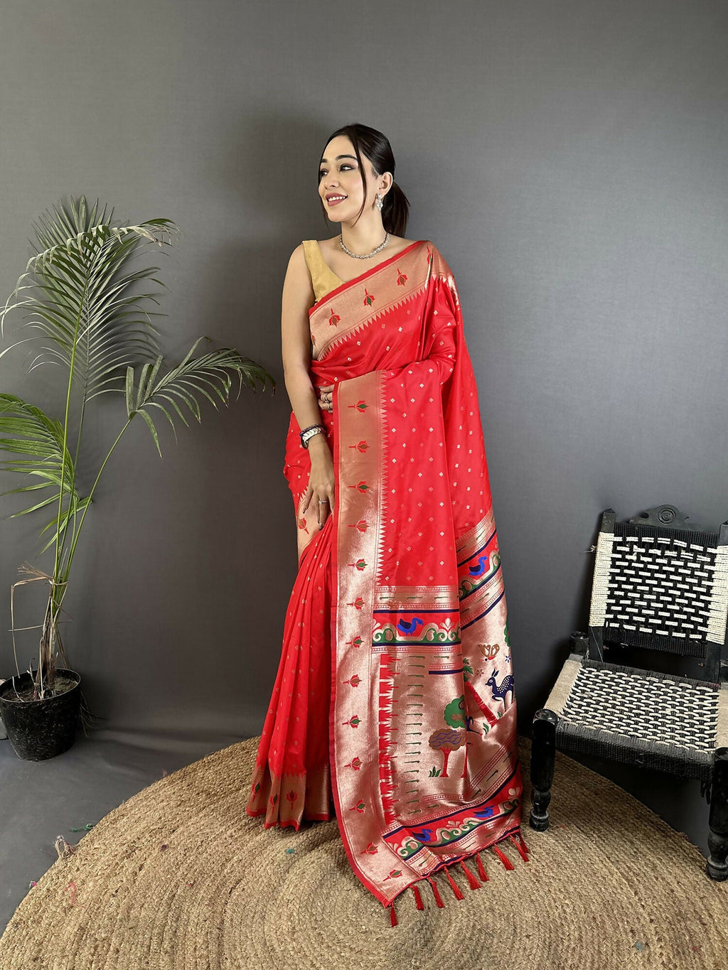 Joban Fashion Red Peacock & Floral Motifs Soft Lichi Silk Kanchipuram Saree - Distacart