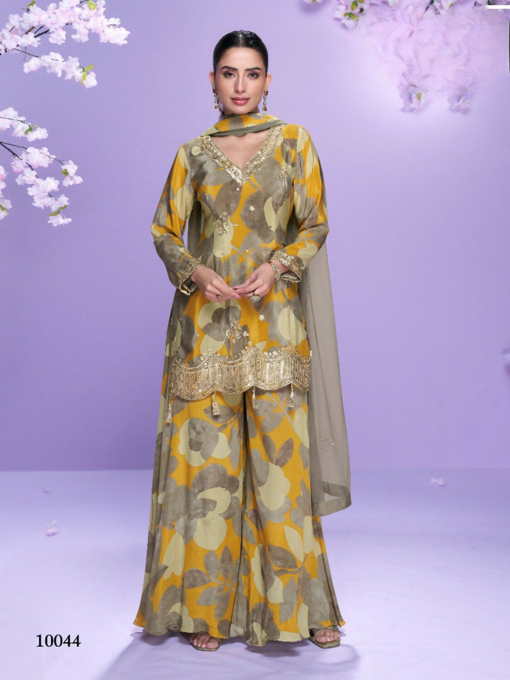 Anaita Yellow Chinon Readymade Palazzo Suit with Digital Embroidery Work - Distacart