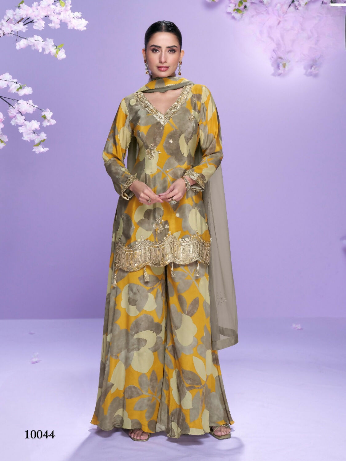 Anaita Yellow Chinon Readymade Palazzo Suit with Digital Embroidery Work - Distacart