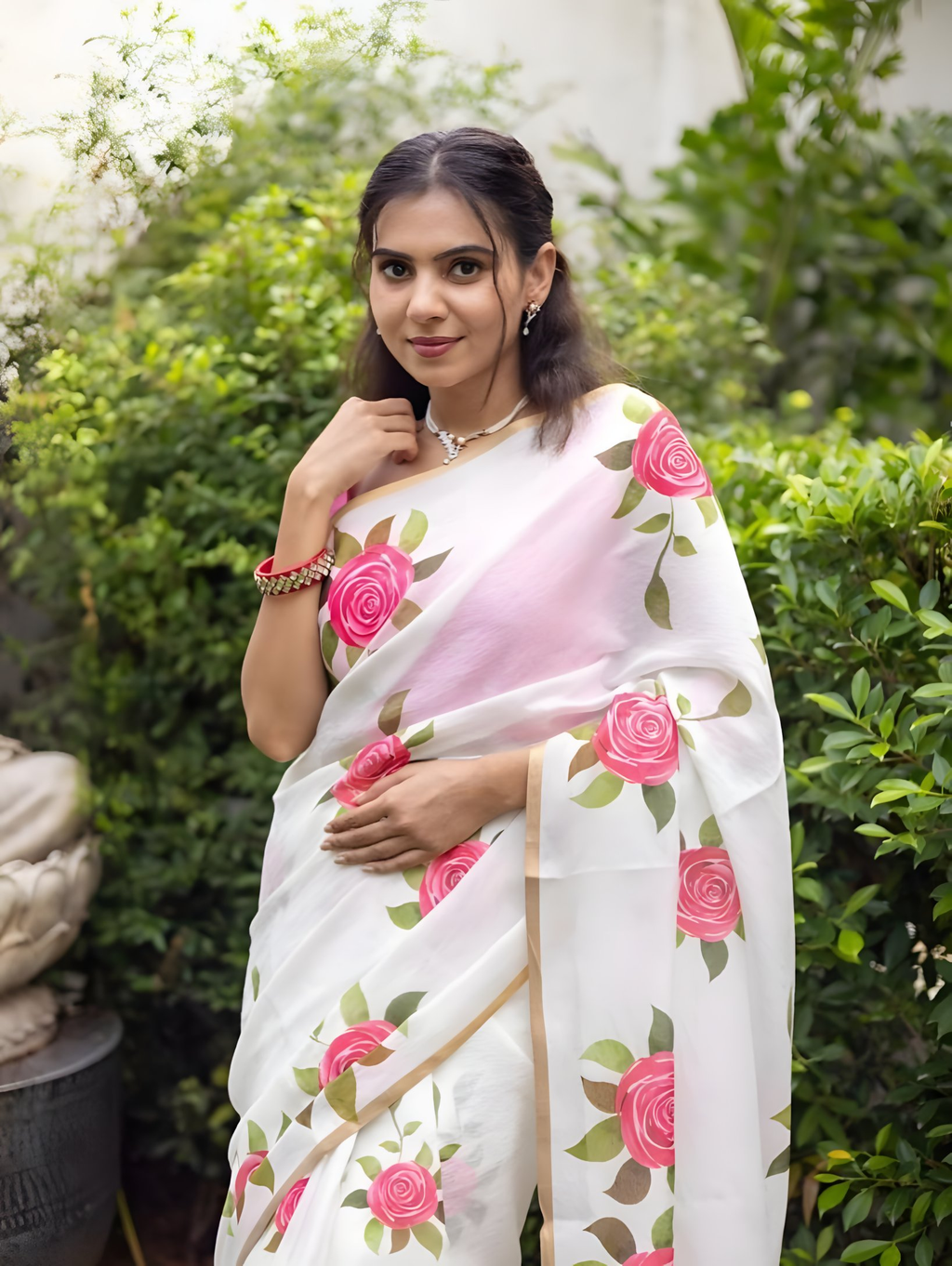 Prime Volt Women's White & Pink Floral Digital Print Soft Linen Saree With Gold Zari Border & Blouse - Distacart