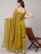 Lime Green & Golden Ethnic Motifs Print Kurta with Palazzo & Dupatta - Vishwa