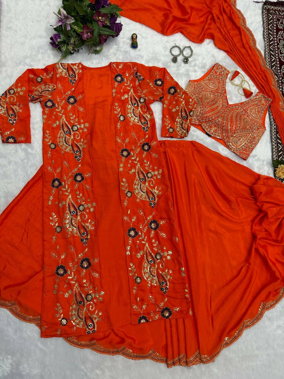 Teeya Creation Orange Color Chinon Silk Designer Embroidery Work Ready To Wear Saree With Koti - Distacart