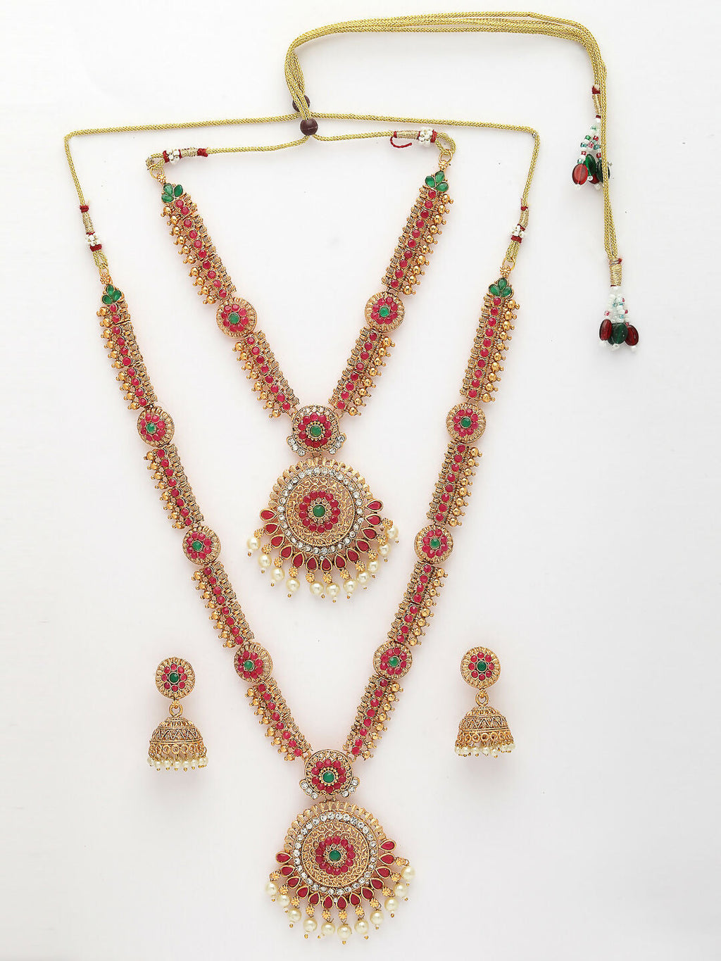 NVR Women's Set Of 2 Green & Red Stone Studded & Beaded Gold-Polished Temple Jewellery Set