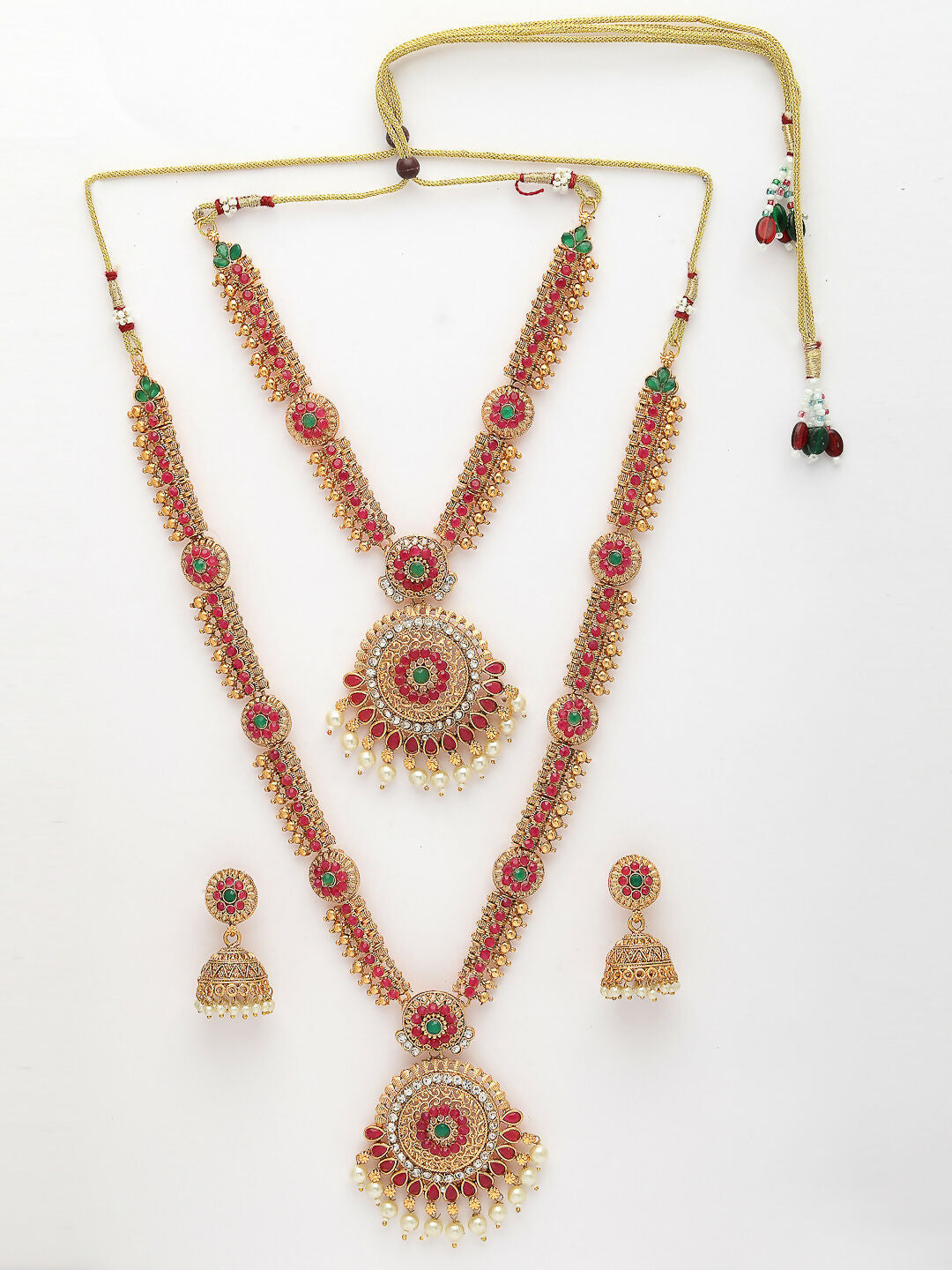 NVR Women's Set Of 2 Green & Red Stone Studded & Beaded Gold-Polished Temple Jewellery Set