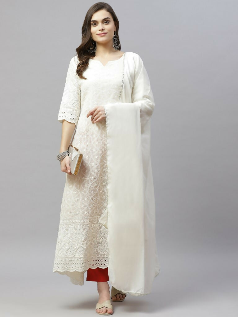 Miravan Women's Beige Embroidered Chikankari Kurta & Dupatta