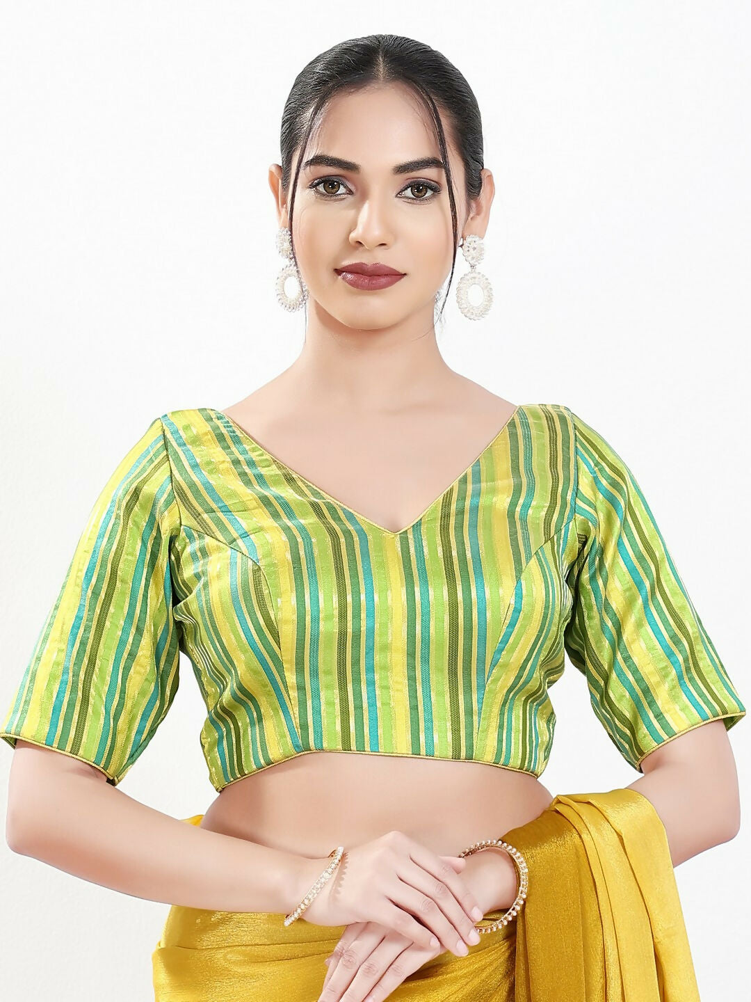 Joban Fashion Green Multi Brocade Padded Blouse With V Neck Elbow Sleeves - Distacart