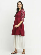 Rudra Bazaar Wine Lace Work Flared Kurti with Sharara - Distacart