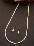 NVR Women's White Pearl Gold-Polished Long Necklace with Earrings