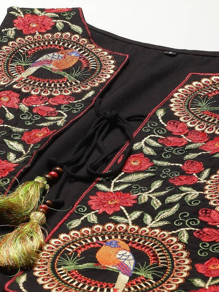Yufta Women A-Line Black Dress With Red Embroidered Jacket