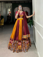 Vastranavya Navaratri Special Rayon with Printed Patch With Gota Patti And Paper Mirror Work And Cowrie (Kodi) Lace Touch Up Lehenga with Stitched Blouse - Mustard