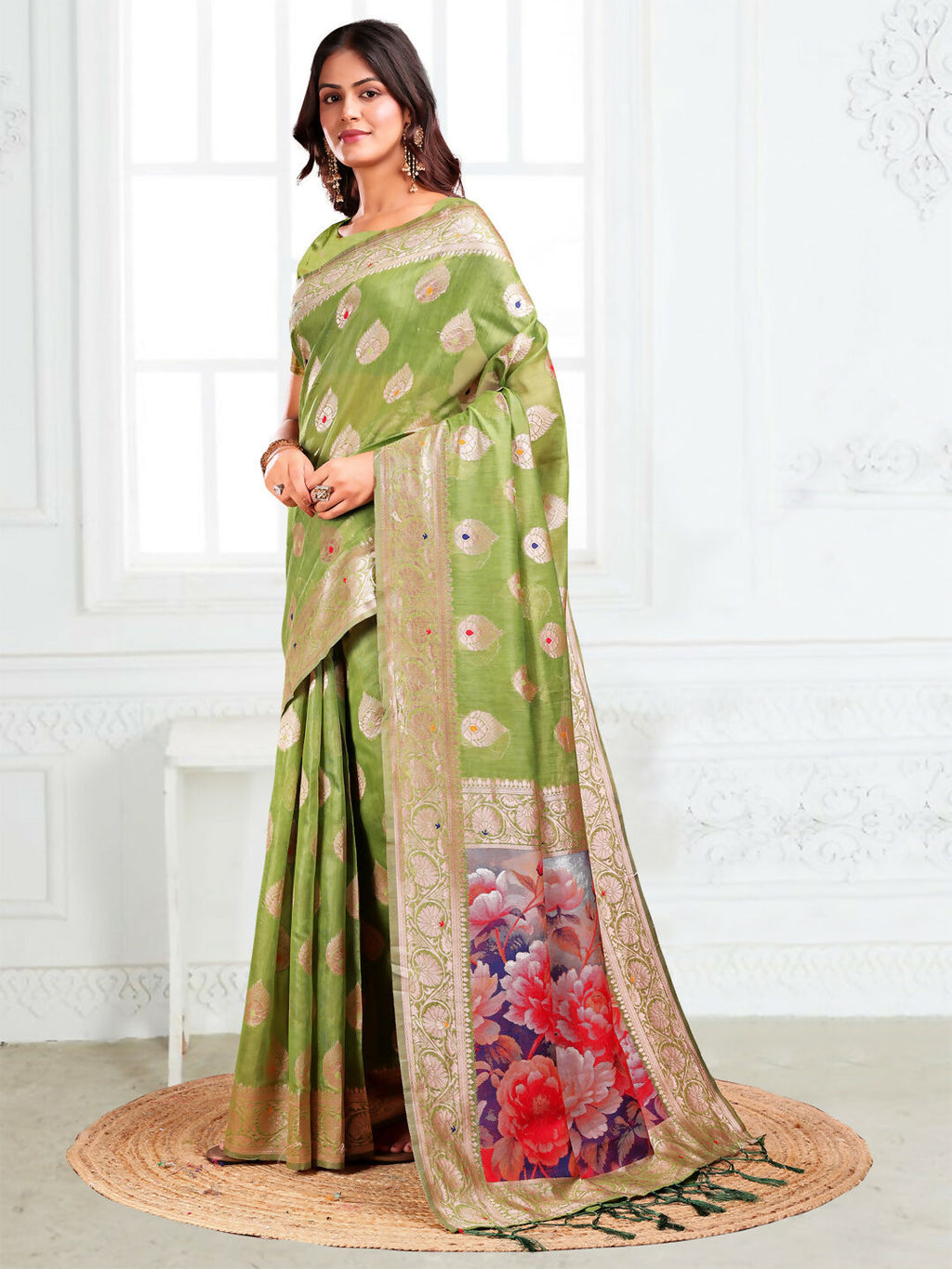 Shree Shyam Fashion Linen Cotton Green Saree - Distacart