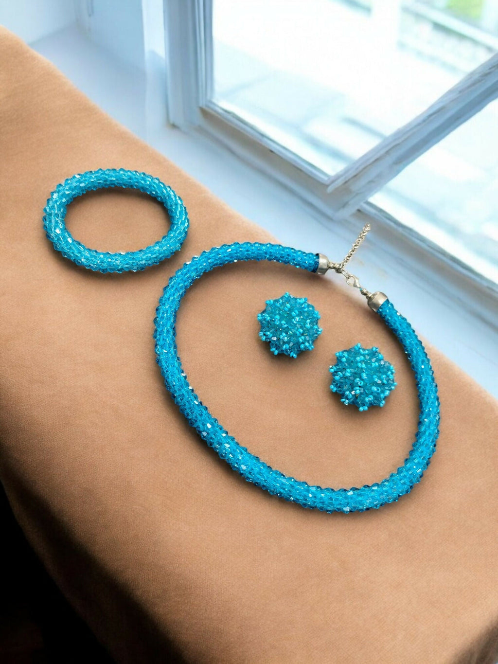 Inhanns Complete Look Crystal Statement 3-Piece Set (Adjustable Necklace + Earrings + Adjustable Bangle ) - Sky Blue