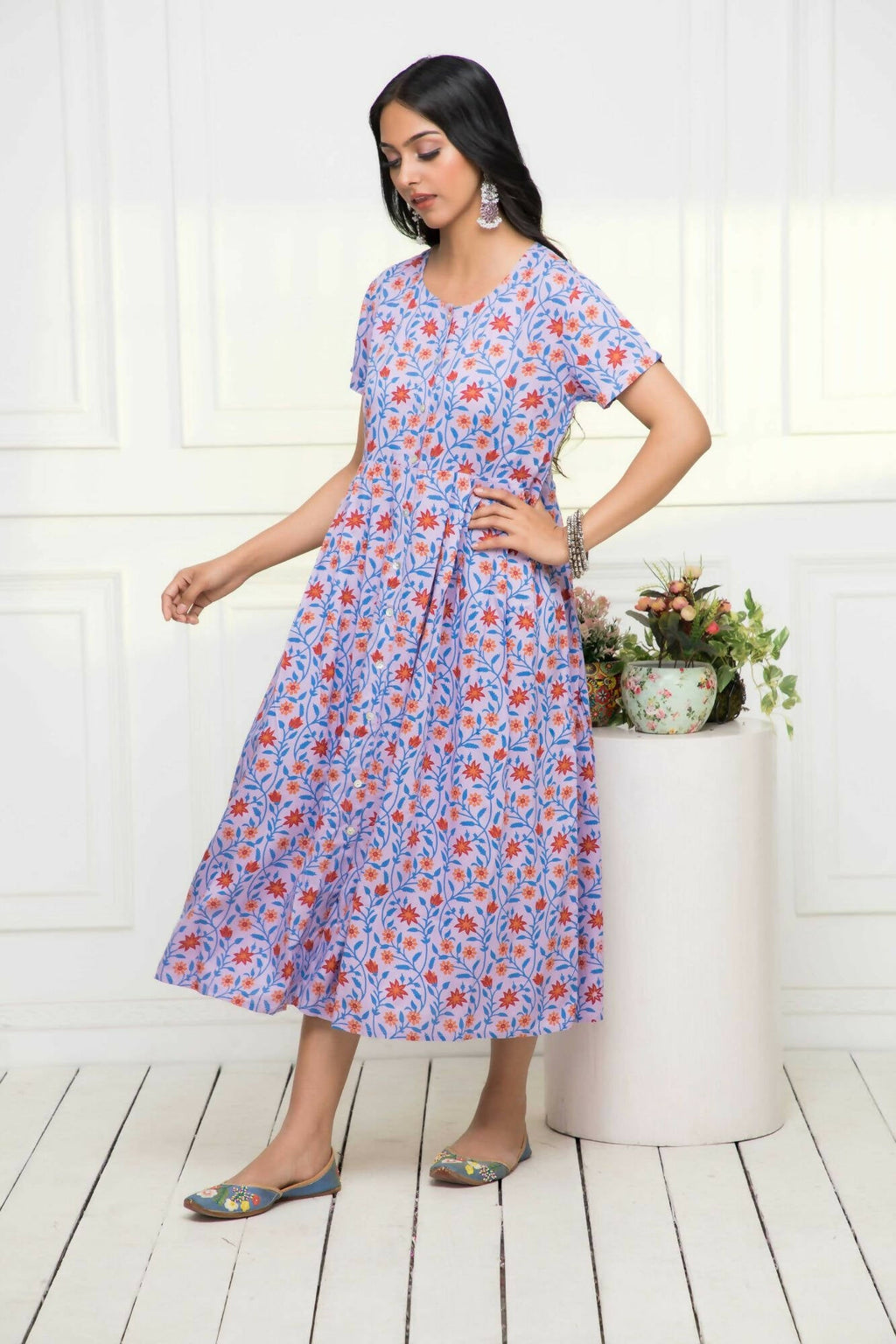 Myshka Women Purple Floral Rayon A-Line Round Neck Dress - Distacart