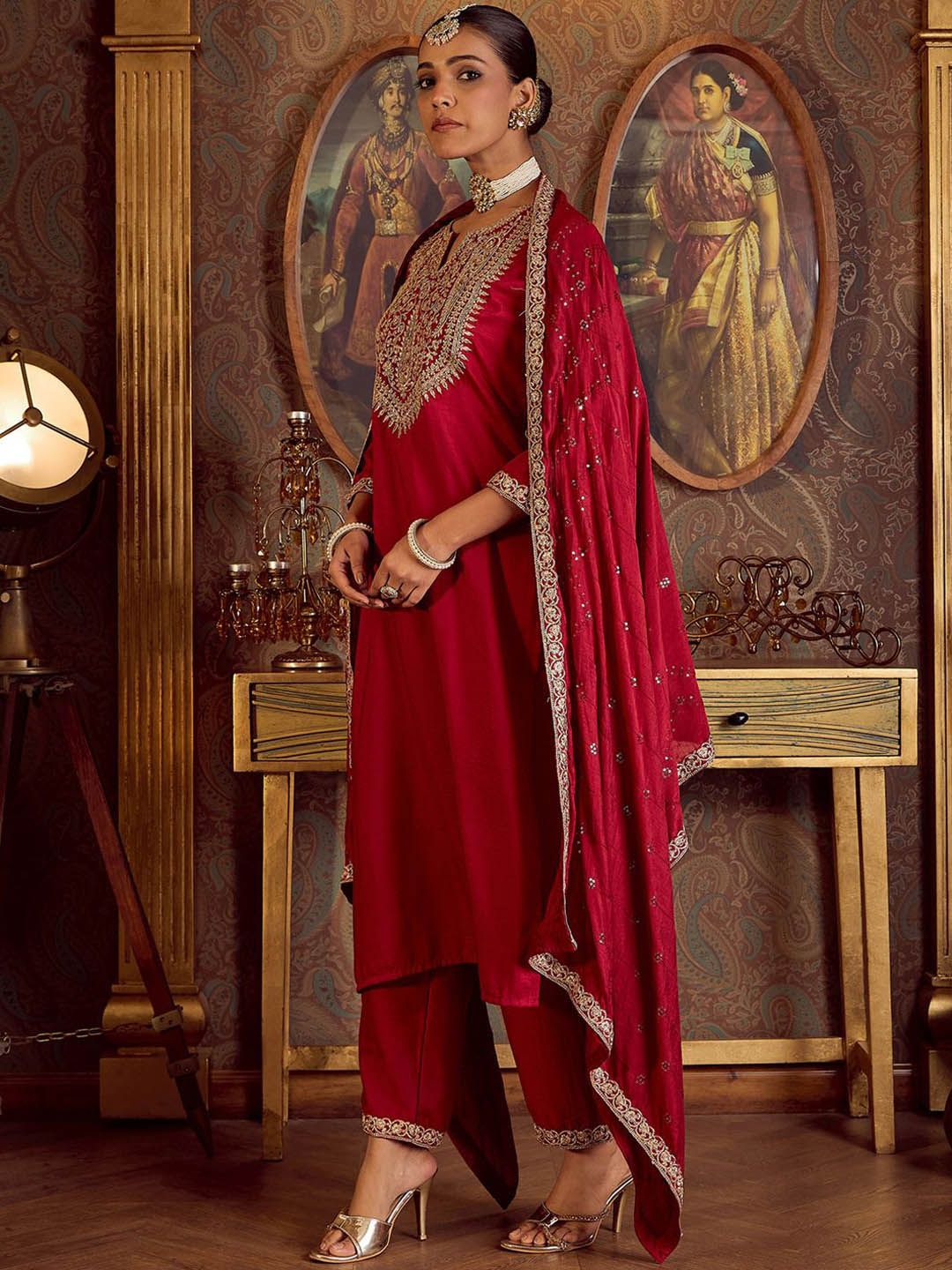Indo Era Ethnic Floral Embroidered Zari Work Detail Regular Sleeves Round Neck Kurta Set - Distacart