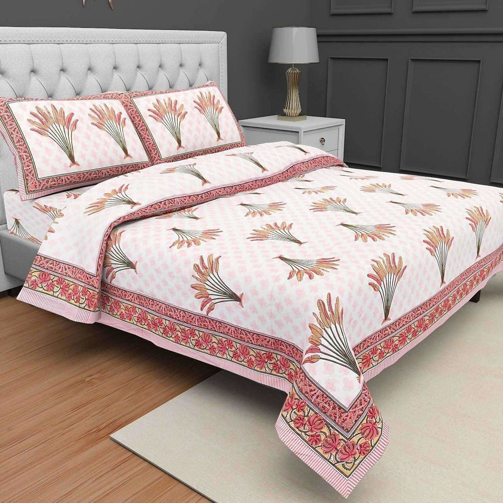 Jaipuri Hand Block Printed Traditional 144TC Cotton Double/Queen Bedsheet with 2 Pillow Covers