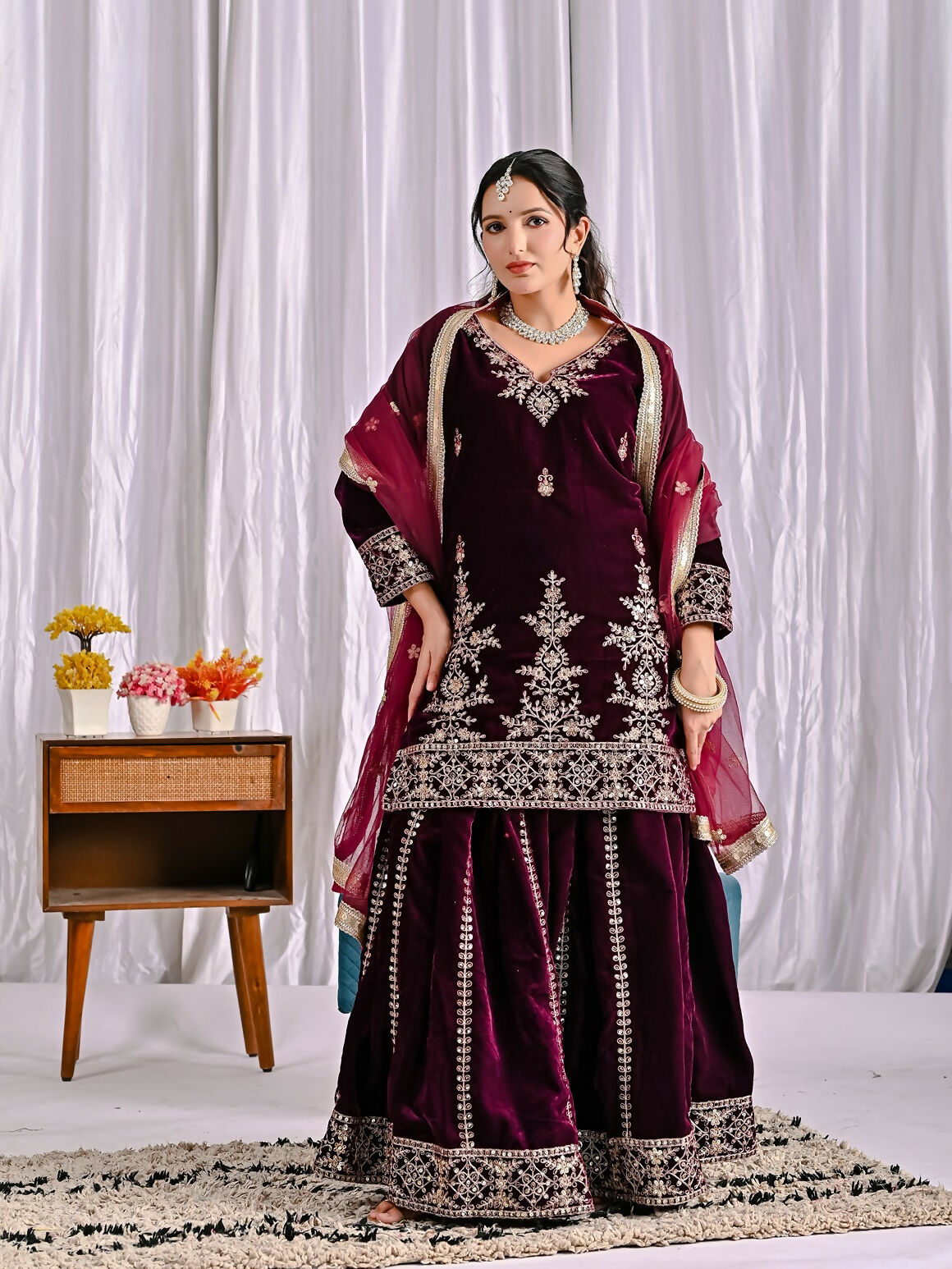 Joban Fashion Wine Velvet Sequence Embroidery Work Kurta Set - Distacart