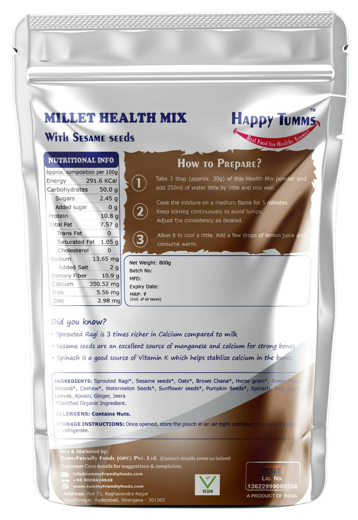 TummyFriendly Foods Organic Millet Health Mix With Sesame Seeds and Curry Leaves - Distacart