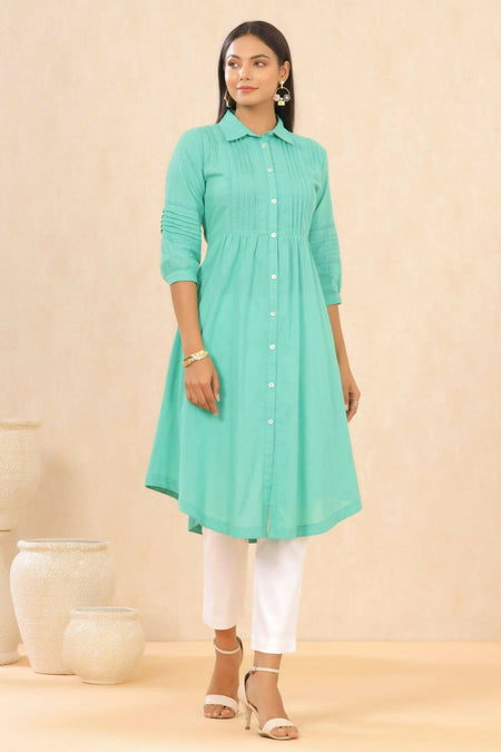 Juniper Womens Blush Turquoise Cotton Slub Solid Mid Length Shirt Dress With Lace Detailing