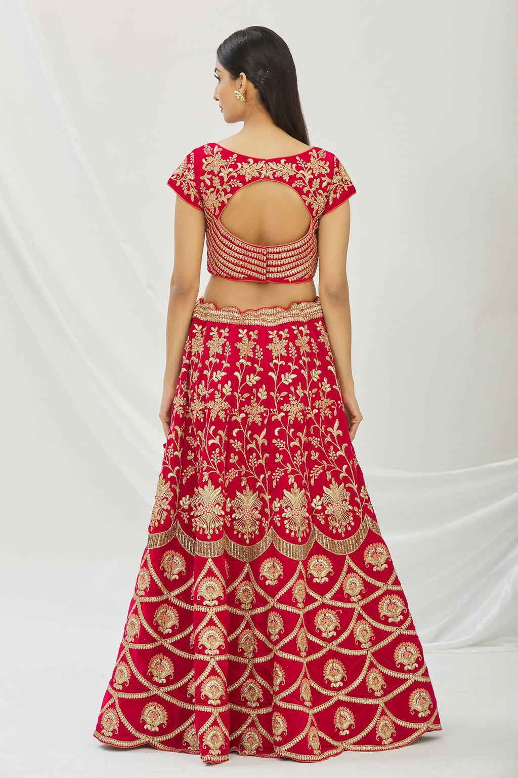 Red Velvet Semi-Stitched Wedding Bridal Lehenga - Nimaya