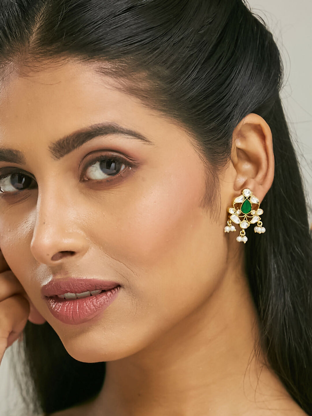 Nuyug 22K Gold-Plated Elegant Kundan & Green Stone Studded Pearl Drops Studs - Distacart