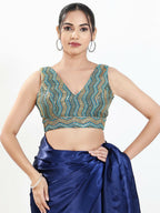 Joban Fashion Blue Multi Silk Padded Blouse With V Neck Sleeveless - Distacart