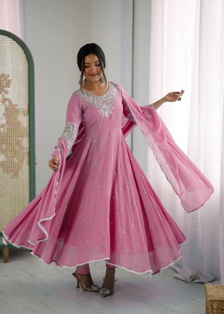 Teeya Creation Baby Pink Color Faux georgette Embroidery Work Wedding Wear Gown - Distacart