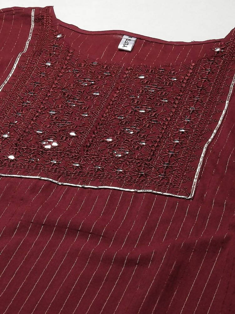 Yufta Women Maroon Yoke Design Mirror Work Cotton Kurta