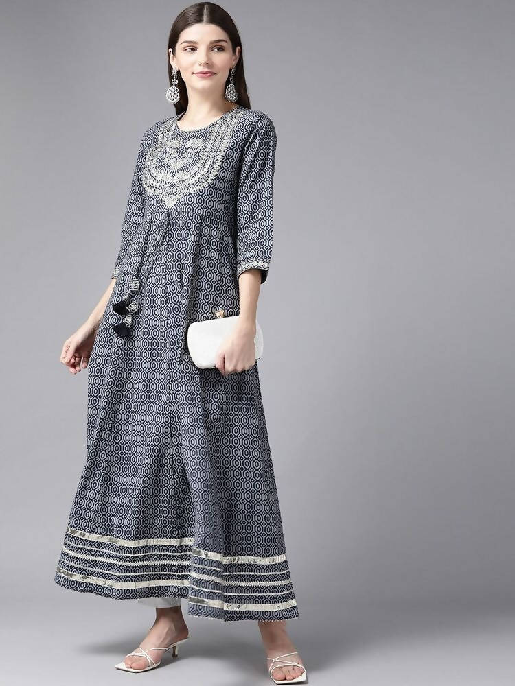 Yufta Women Grey Geometric Printed Mirror Work Kurta