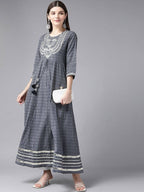 Yufta Women Grey Geometric Printed Mirror Work Kurta