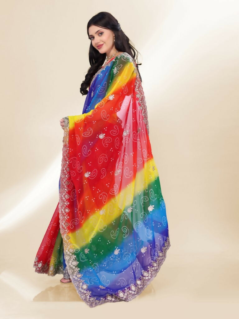 Blue Georgette Bandhani Printed,Embroidery Work Saree - Bandhan