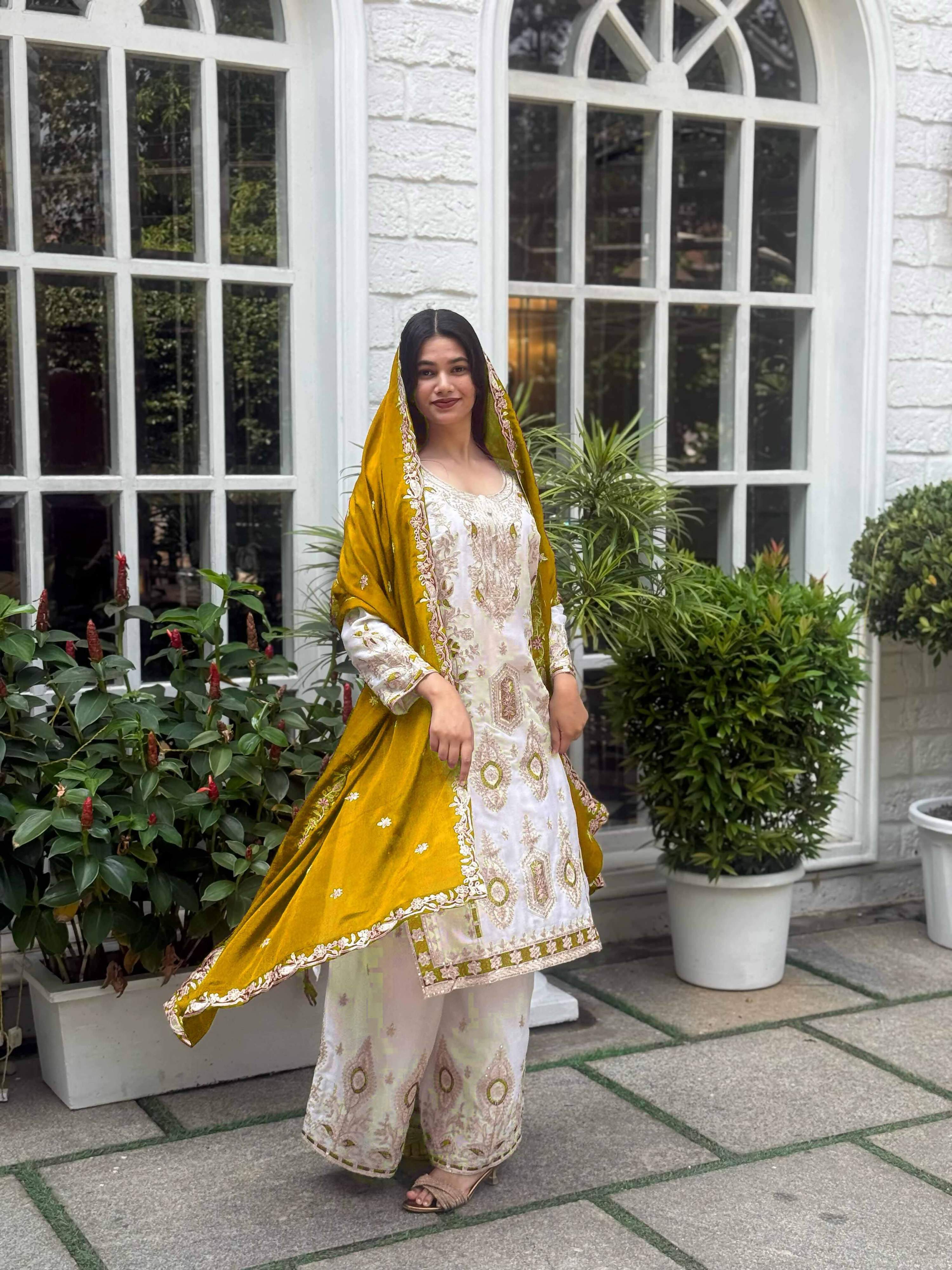 Teeya Creation White Color Chinon Silk Party Wear Trending Palazzo Set - Distacart