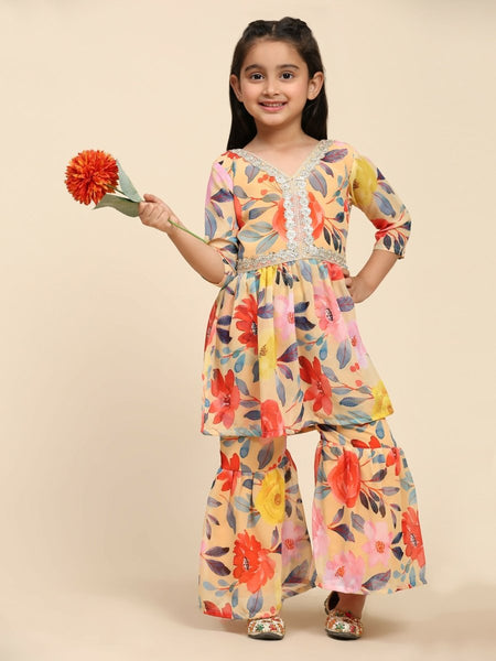 Alakhi Studio Girls Floral Georgette Printed V-Neck Kurta With Sharara - Mustard