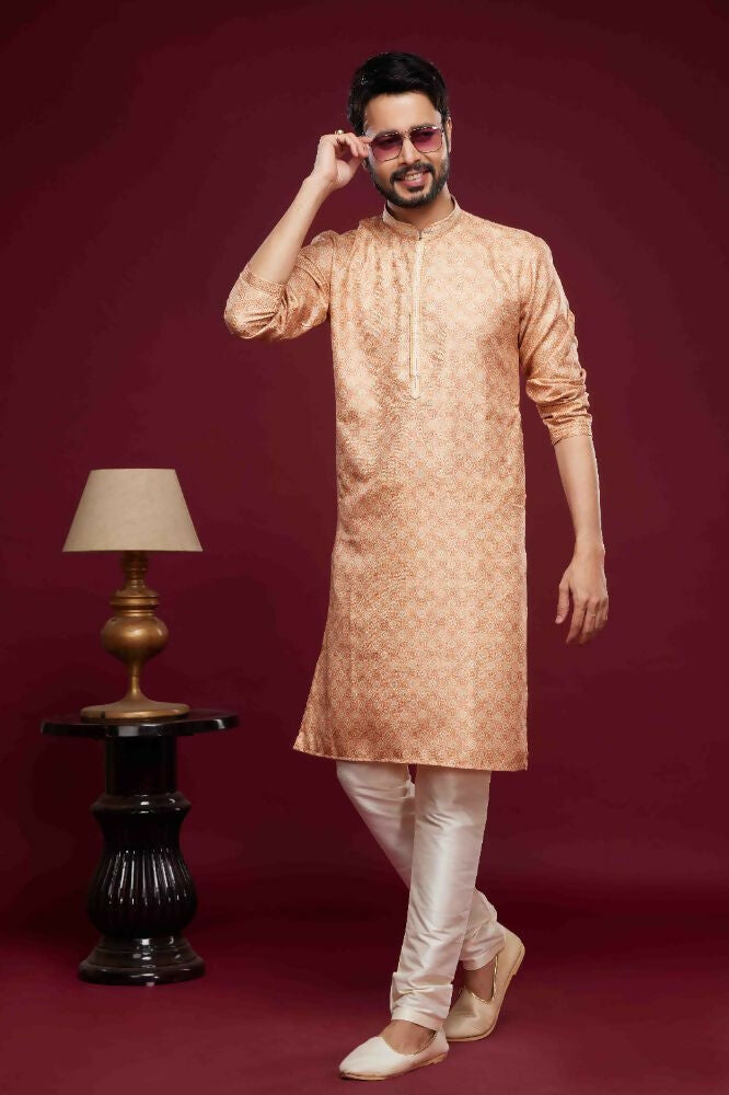 Raivat Ethnic Art Silk Digital Print Pintux Work Kurta Pajama In Peach Colour