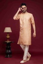 Raivat Ethnic Art Silk Digital Print Pintux Work Kurta Pajama In Peach Colour