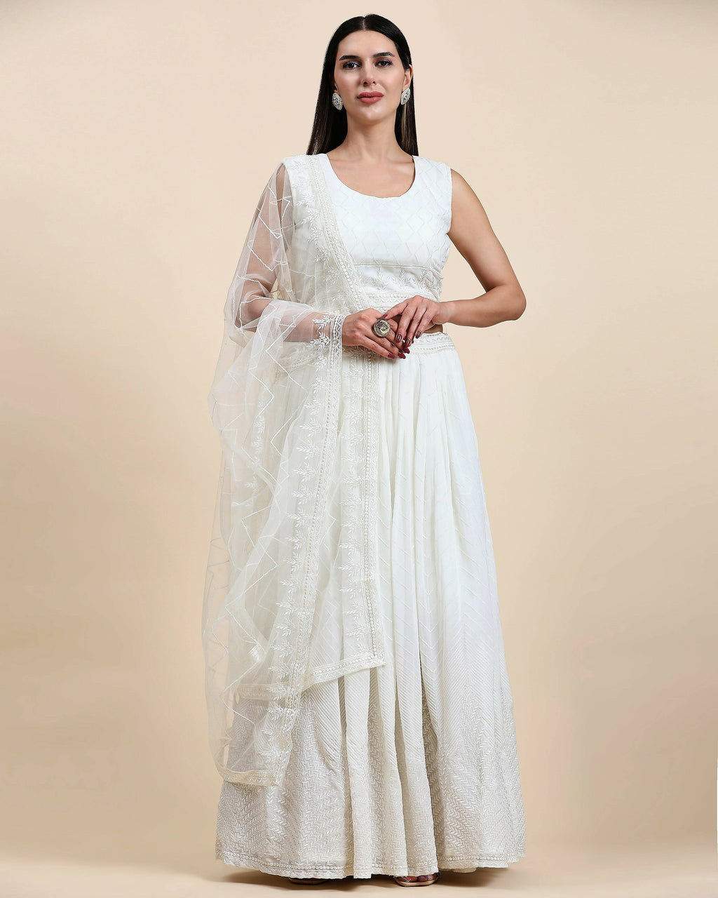 White Pure Viscose Georgette Sequence Embroidery work Lehenga Choli with Dupatta - Aakriti