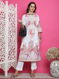 Jyoti Fashion Women's Cream Satin Traditional Digital Print with Crystal work Kurta with Trouser & Dupatta