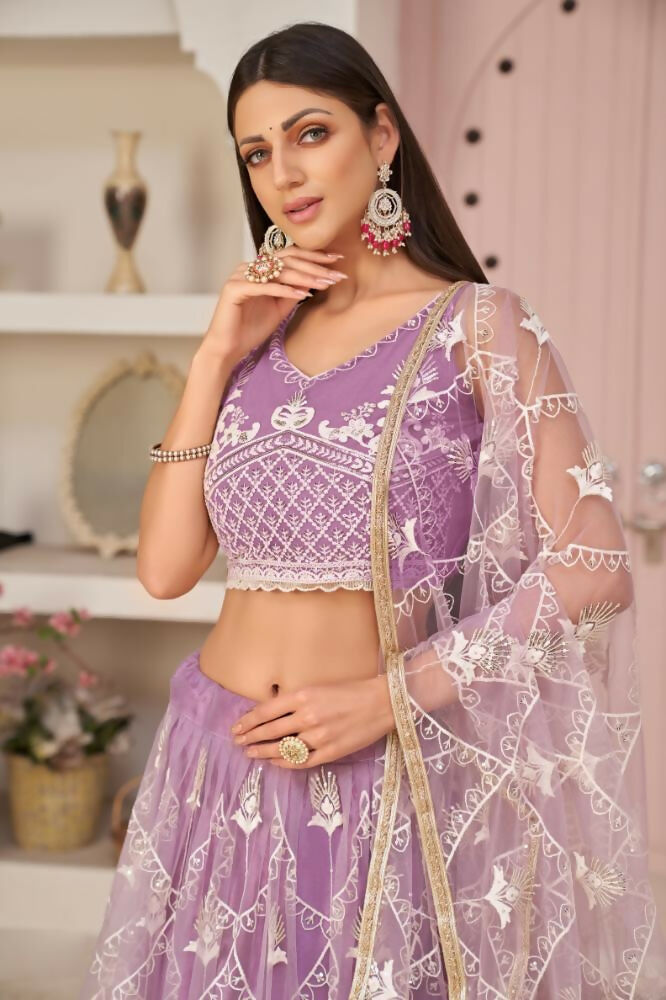 Aastha Fashion Lavender Butterfly Net White Cotton Thread Work, Zari Work And Sandwich Sequence Work Embroidery Wedding Wear Lehenga Choli