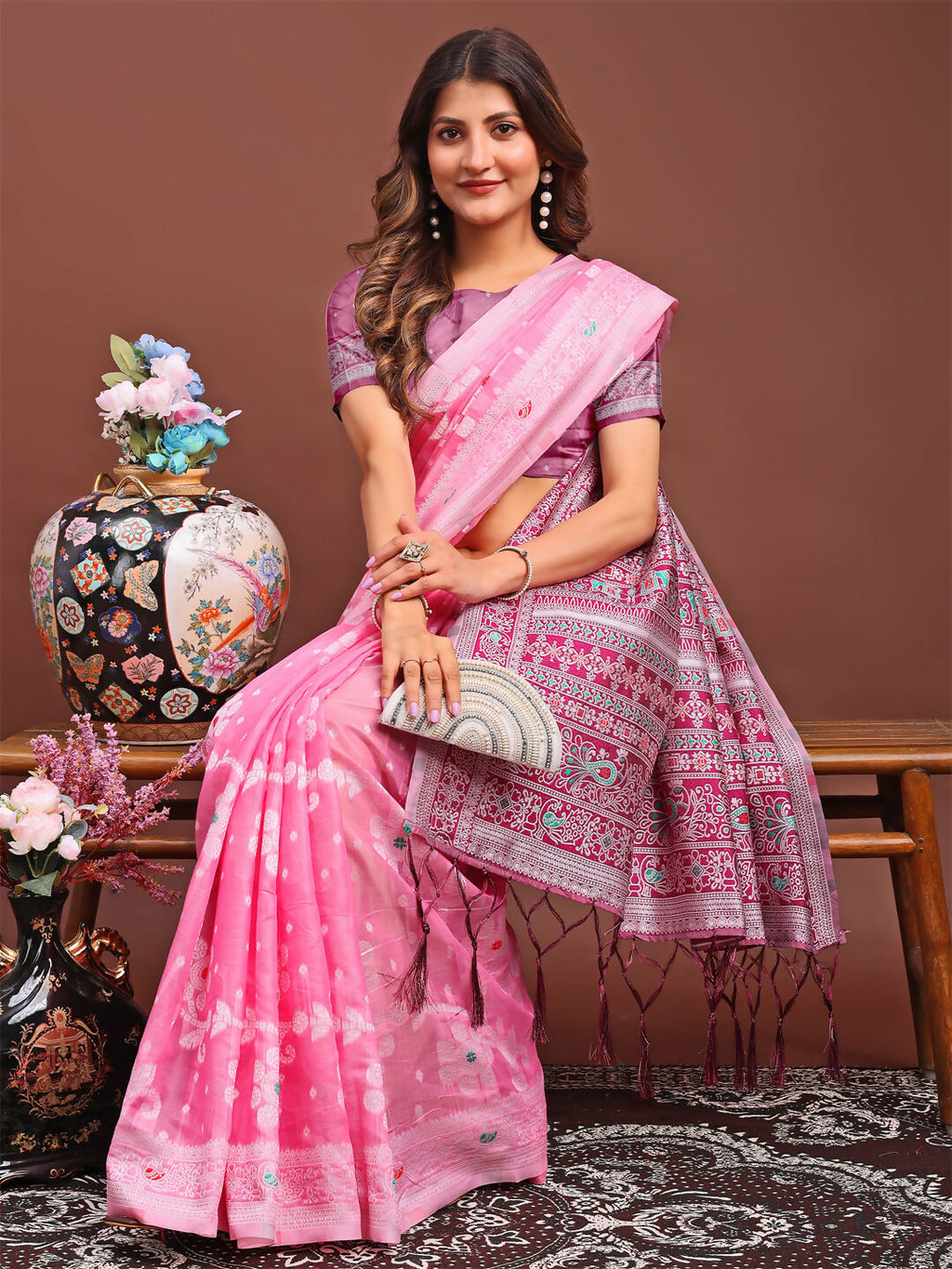 Shree Shyam Fashion Anaya Pink Linen Cotton Saree
