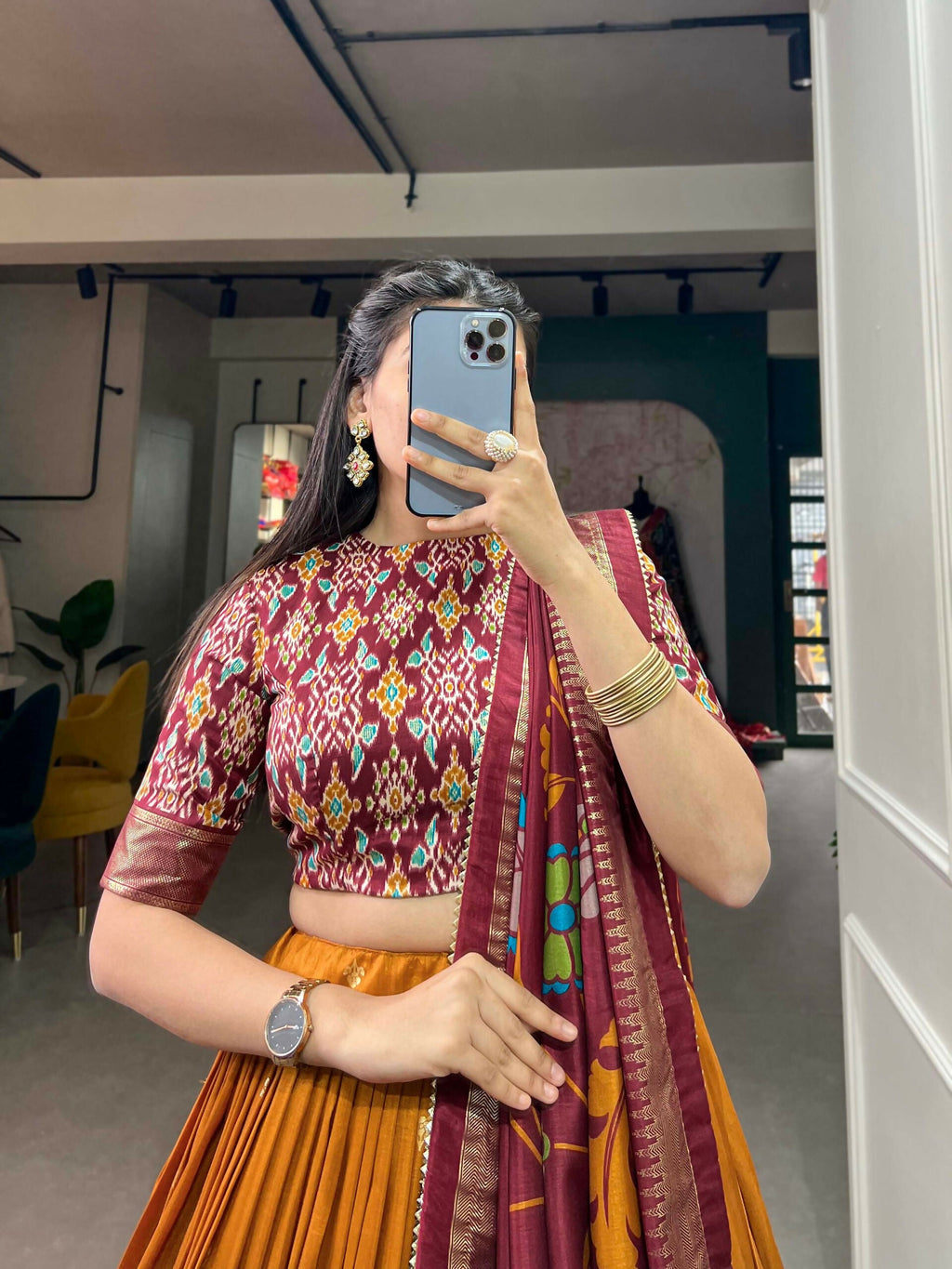 Vastranavya Stunning Look Tussar Silk Printed With Foil Work Indian Lehenga Choli - Mustard