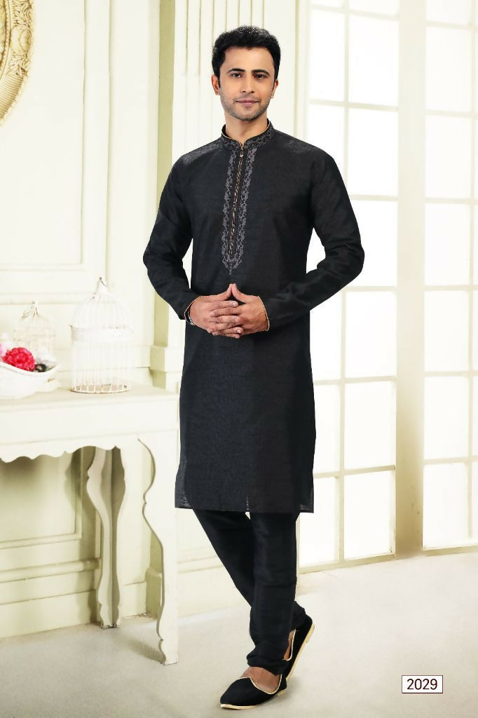 Raivat Ethnic Jacquard Banarasi Silk Thread Work Kurta Pajama In Black Colour - Distacart