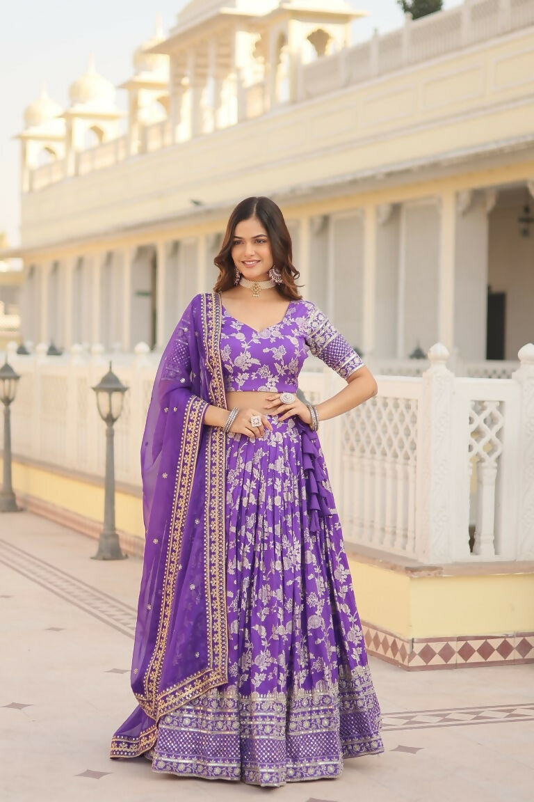 Vastranavya Designer Dyeable Pure Viscose Jacquard Fabric Lehenga Choli & Dupatta Set - Purple