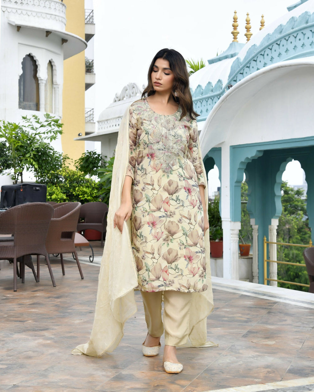 Vaasva Women's Cream Tissue Embroidered Suit Set With Solid Pant And Embroidered Dupatta
